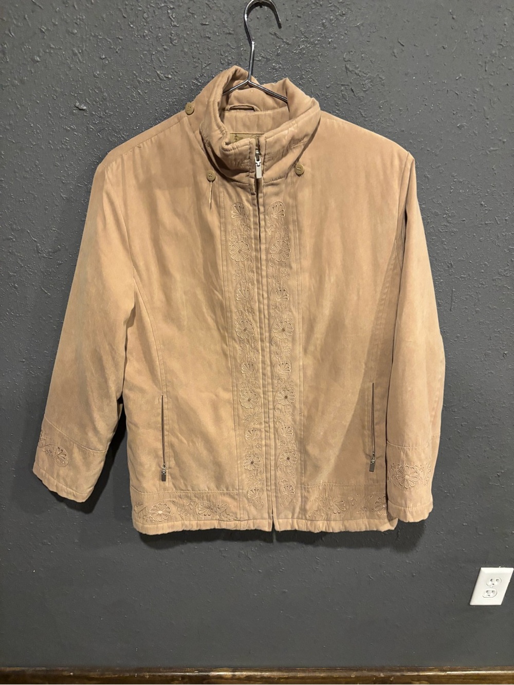 Women's London Fog Suede Zip Front Jacket with Floral Embroidery